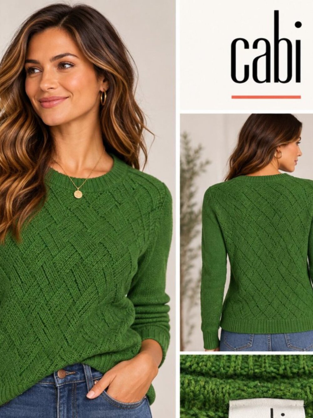 CAbi Green Textured Knit Crewneck Sweater Women’s Size Small
